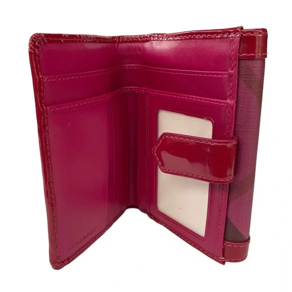 Burberry Nova Plaid Patent Leather Trim Bifold Wallet Magenta and Black